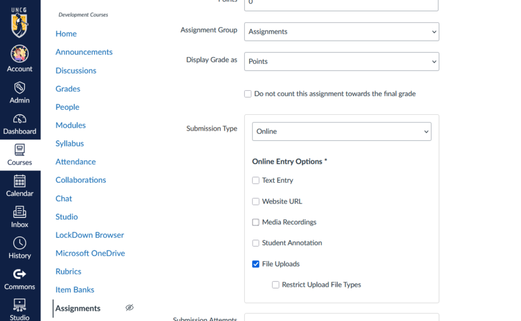 Screenshot of Canvas Assignments settings page with submission type as online and file uploads checked.