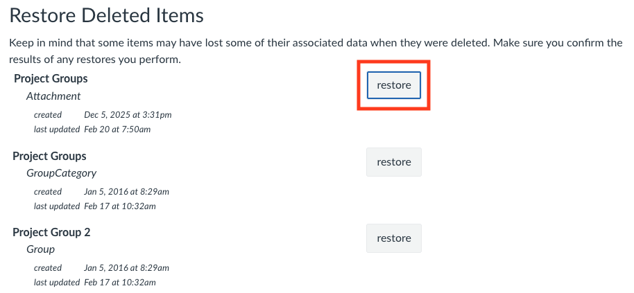 restore deleted items page with Project Groups item in the left column and restore button in the right column.