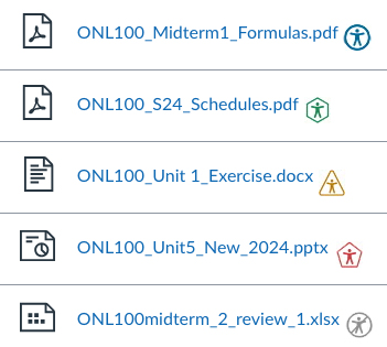 Canvas file list showing YuJa Panorama accessibility score icons for course files.