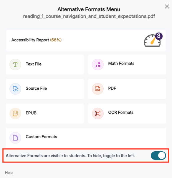 alternative format menu with show hide option for students button enabled