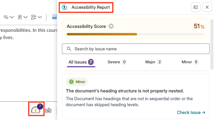 accessibility report menu showing score and the page editor icon show 7 identified issues.