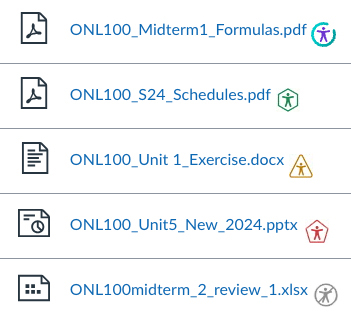 Canvas file list showing YuJa Panorama accessibility score icons for course files.